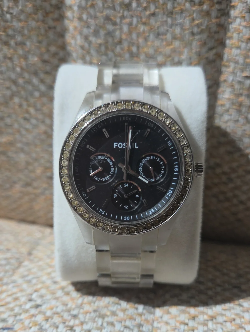 Fossil Clear Bracelet Watch with Black Dial and Crystal Accent